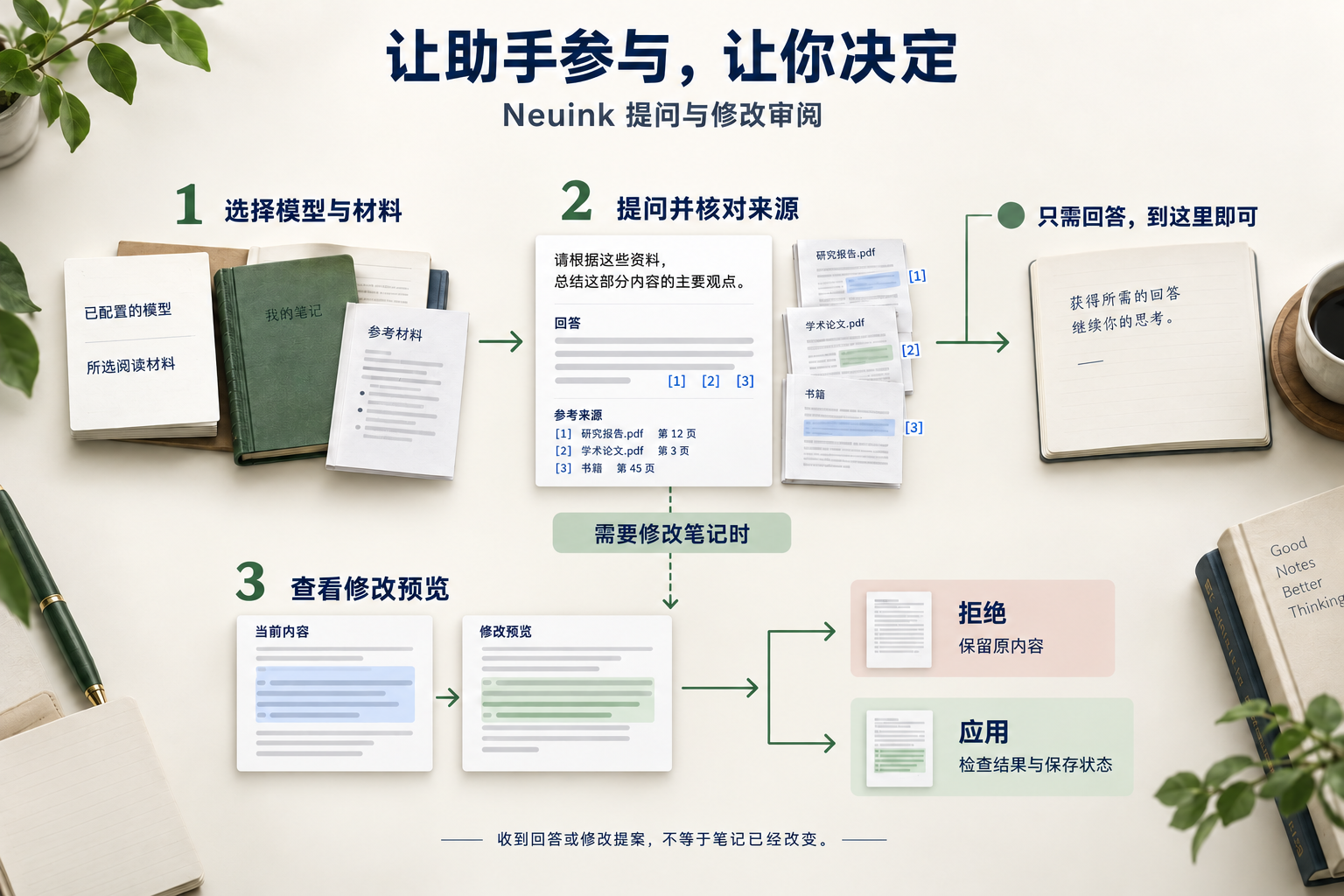 助手使用流程:选择模型与材料、查看回答来源、审阅修改预览、决定是否应用、检查结果与保存状态