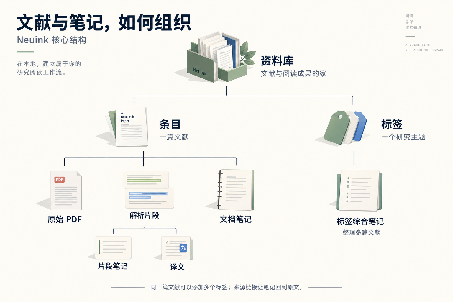 资料库层级:条目管理 PDF、解析结果及文档笔记;标签管理研究主题及综合笔记