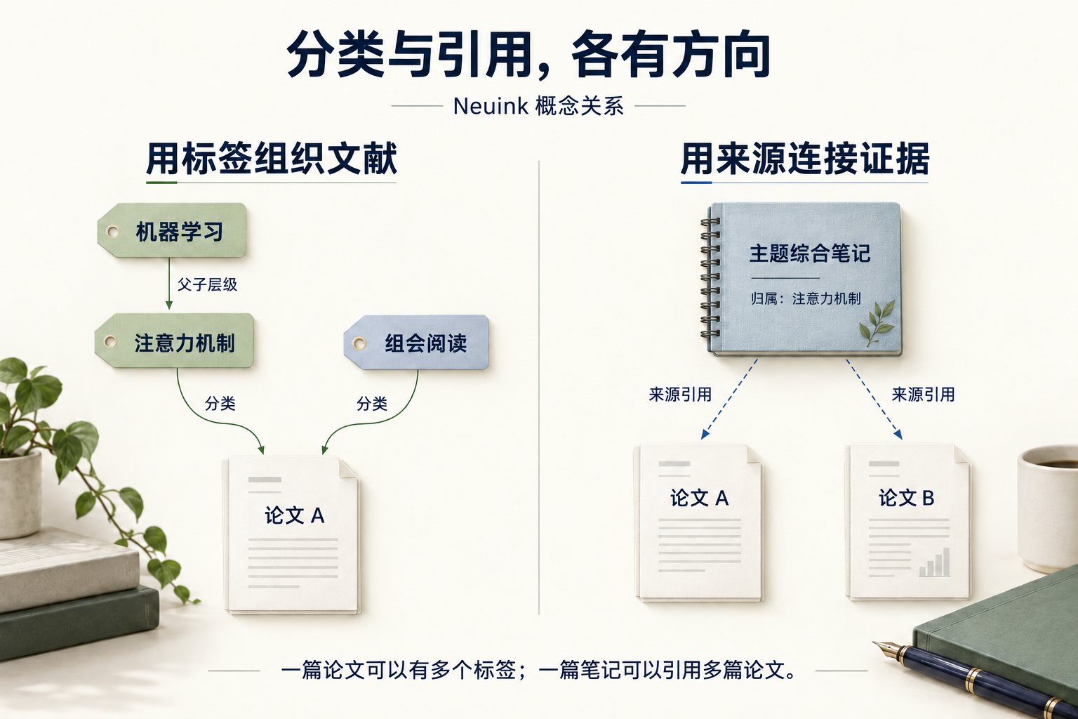 关系类型:标签层级、论文分类、笔记归属,以及笔记对原文的来源引用